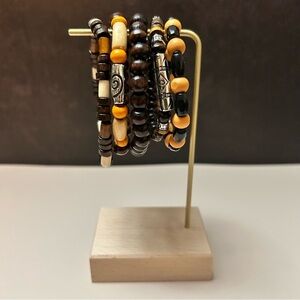 5 Piece Brown Orange Black Silver Beaded Bracelet Set